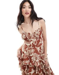 Pretty Lavish Shirred Bust Tiered Ruffle Maxi Dress In Brown Floral For Women -Pretty Lavi Clothing Shop 206341664 3
