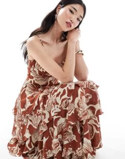 Pretty Lavish Shirred Bust Tiered Ruffle Maxi Dress In Brown Floral For Women -Pretty Lavi Clothing Shop 206341664 4
