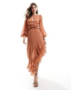 Pretty Lavish Cut-out Ruffle Maxi Dress In Sienna Brown For Women