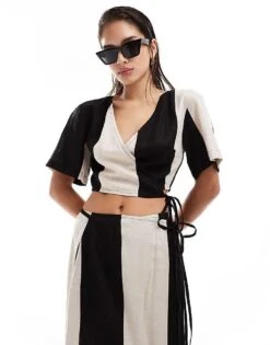 Pretty Lavish Contrast Wrap Crop Top Co-ord In Monochrome For Women