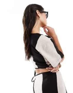 Pretty Lavish Contrast Wrap Crop Top Co-ord In Monochrome For Women -Pretty Lavi Clothing Shop 206341673 4