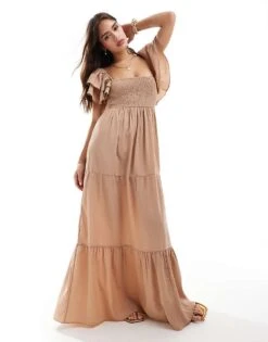 Pretty Lavish Ruffle Sleeve Shirred Maxi Dress In Biscuit For Women -Pretty Lavi Clothing Shop 206341689 1 biscuit 1
