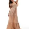 Pretty Lavish Ruffle Sleeve Shirred Maxi Dress In Biscuit For Women -Pretty Lavi Clothing Shop 206341689 1 biscuit