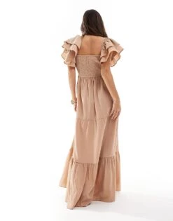 Pretty Lavish Ruffle Sleeve Shirred Maxi Dress In Biscuit For Women -Pretty Lavi Clothing Shop 206341689 3