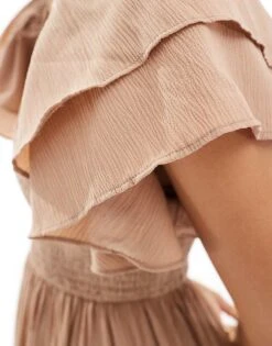 Pretty Lavish Ruffle Sleeve Shirred Maxi Dress In Biscuit For Women -Pretty Lavi Clothing Shop 206341689 4