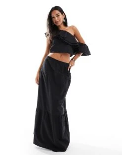 Pretty Lavish One Shoulder Ruffle Crop Top And Skirt Co-ord In Black -Pretty Lavi Clothing Shop 206341697 1 black
