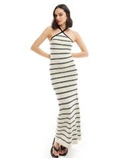 Pretty Lavish Halterneck Knit Midaxi Dress In Cream Stripe For Women -Pretty Lavi Clothing Shop 206341712 1 creamstripe 1