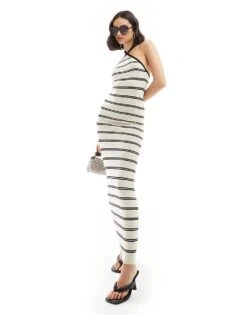 Pretty Lavish Halterneck Knit Midaxi Dress In Cream Stripe For Women -Pretty Lavi Clothing Shop 206341712 3