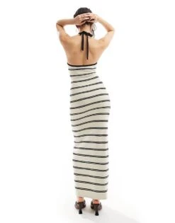 Pretty Lavish Halterneck Knit Midaxi Dress In Cream Stripe For Women -Pretty Lavi Clothing Shop 206341712 4