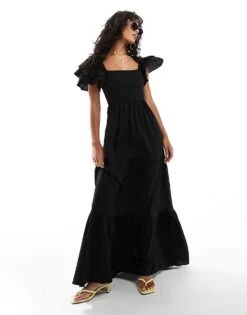Pretty Lavish Ruffle Sleeve Empire Shirred Maxi Dress In Black For Women