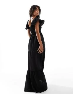 Pretty Lavish Ruffle Sleeve Empire Shirred Maxi Dress In Black For Women -Pretty Lavi Clothing Shop 206341713 4
