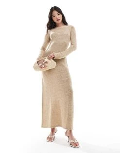 Pretty Lavish Sequin Long Sleeve Knit Maxi Dress In Champagne Gold For Women -Pretty Lavi Clothing Shop 206341734 2