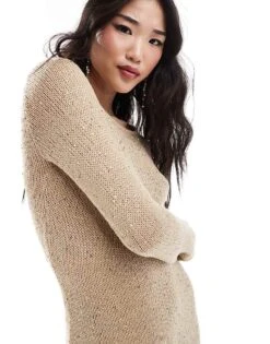 Pretty Lavish Sequin Long Sleeve Knit Maxi Dress In Champagne Gold For Women -Pretty Lavi Clothing Shop 206341734 3