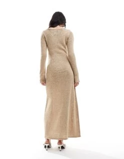 Pretty Lavish Sequin Long Sleeve Knit Maxi Dress In Champagne Gold For Women -Pretty Lavi Clothing Shop 206341734 4
