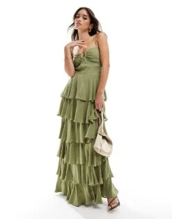 Pretty Lavish Gold Ring Detail Tiered Maxi Dress In Moss Green For Women -Pretty Lavi Clothing Shop 206341751 1 mossgreen 1