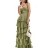 Pretty Lavish Gold Ring Detail Tiered Maxi Dress In Moss Green For Women -Pretty Lavi Clothing Shop 206341751 1 mossgreen