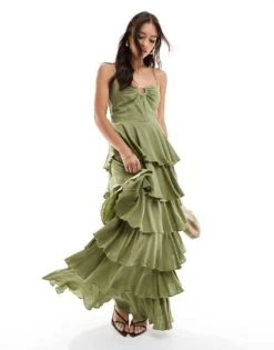Pretty Lavish Gold Ring Detail Tiered Maxi Dress In Moss Green For Women -Pretty Lavi Clothing Shop 206341751 4