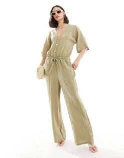 Pretty Lavish Balloon Sleeve Shirred Jumpsuit In Olive For Women -Pretty Lavi Clothing Shop 206341771 1 olive 1