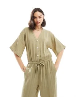 Pretty Lavish Balloon Sleeve Shirred Jumpsuit In Olive For Women -Pretty Lavi Clothing Shop 206341771 3