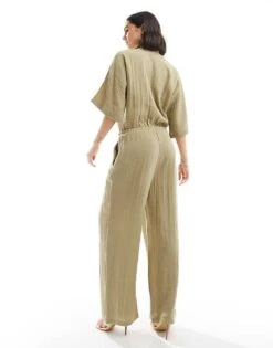 Pretty Lavish Balloon Sleeve Shirred Jumpsuit In Olive For Women -Pretty Lavi Clothing Shop 206341771 4