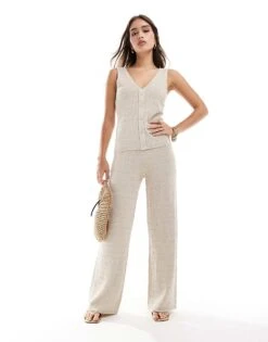 Pretty Lavish V-neck Crochet Top And Trouser Co-ord In Beige