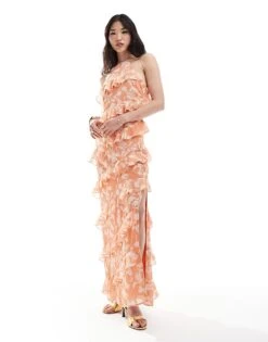 Pretty Lavish Halterneck Ruffle Maxi Dress In Terracotta Floral For Women