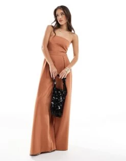 Pretty Lavish Strapless Jumpsuit With Pockets In Sienna Brown For Women