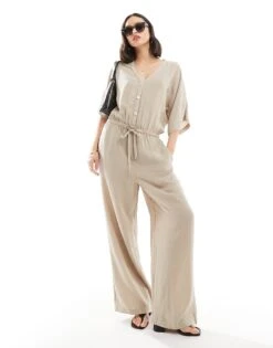 Pretty Lavish Balloon Sleeve Shirred Jumpsuit In Stone For Women