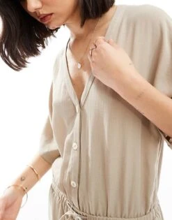 Pretty Lavish Balloon Sleeve Shirred Jumpsuit In Stone For Women -Pretty Lavi Clothing Shop 206341892 3