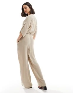 Pretty Lavish Balloon Sleeve Shirred Jumpsuit In Stone For Women -Pretty Lavi Clothing Shop 206341892 4