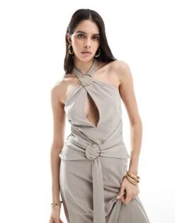 Pretty Lavish Halterneck Ring Detail Maxi Dress In Stone For Women Irish Cream -Pretty Lavi Clothing Shop 206341920 2