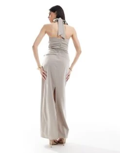 Pretty Lavish Halterneck Ring Detail Maxi Dress In Stone For Women Irish Cream -Pretty Lavi Clothing Shop 206341920 4