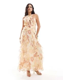 Pretty Lavish Cross Over Ruched Ruffle Maxi Dress In Vintage Floral For Women -Pretty Lavi Clothing Shop 206341929 4