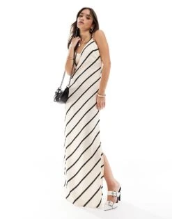 Pretty Lavish Satin Slip Maxi Dress In Asymmetric Stripe For Women Neutral Stripe -Pretty Lavi Clothing Shop 206341936 1 neutralstripe 1