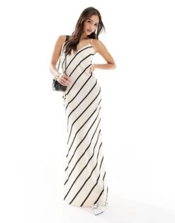 Pretty Lavish Satin Slip Maxi Dress In Asymmetric Stripe For Women Neutral Stripe -Pretty Lavi Clothing Shop 206341936 3