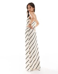 Pretty Lavish Satin Slip Maxi Dress In Asymmetric Stripe For Women Neutral Stripe -Pretty Lavi Clothing Shop 206341936 4