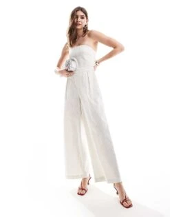 Pretty Lavish Strapless Jumpsuit With Pockets In Cream Stripe For Women
