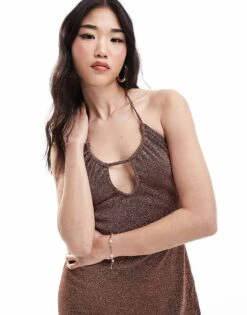 Pretty Lavish Shimmer Slip Maxi Dress In Brown Sparkle For Women -Pretty Lavi Clothing Shop 206341952 3