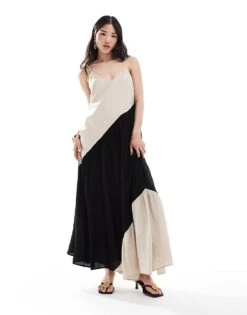 Pretty Lavish Asymmetric Block Stripe Midaxi Dress In Stone For Women Stone/black