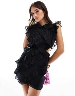 Pretty Lavish Asymmetric Ruffle Mini Dress In Black For Women