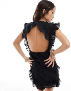 Pretty Lavish Asymmetric Ruffle Mini Dress In Black For Women -Pretty Lavi Clothing Shop 206342029 4