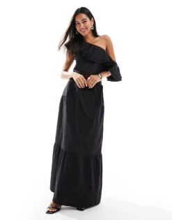 Pretty Lavish One Shoulder Ruffle Crop Top And Skirt Co-ord In Black