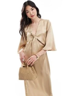 Pretty Lavish Tie Front Satin Midaxi Dress In Irish Cream For Women -Pretty Lavi Clothing Shop 206342045 2
