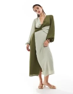 Pretty Lavish Knot Front Contrast Midi Dress In Olive And Sage For Women Olive/sage