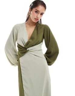 Pretty Lavish Knot Front Contrast Midi Dress In Olive And Sage For Women Olive/sage -Pretty Lavi Clothing Shop 206345204 4