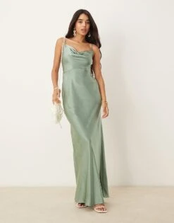 Pretty Lavish Bridesmaid Keisha Satin Cowl Neck Maxi Dress In Eucalyptus For Women Eucalyptus Green