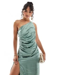 Pretty Lavish Bridesmaid Amelia One Shoulder Ruched Satin Maxi Dress In Eucalyptus For Women Eucalyptus Green -Pretty Lavi Clothing Shop 206732801 2