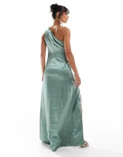 Pretty Lavish Bridesmaid Amelia One Shoulder Ruched Satin Maxi Dress In Eucalyptus For Women Eucalyptus Green -Pretty Lavi Clothing Shop 206732801 4