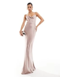 Pretty Lavish Bridesmaid Keisha Satin Cowl Neck Maxi Dress In Amethyst For Women