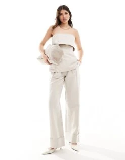Pretty Lavish Linen Blend Bandeau Top And Wide Leg Trouser Co-ord In Stone